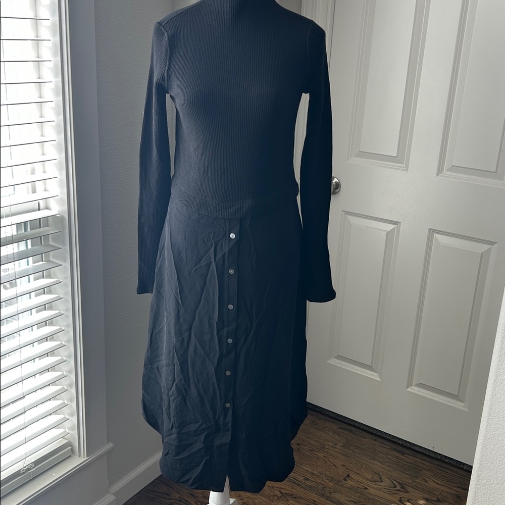 Theory LS Combo Dress Black Sweater Rib Knit Silk Shirt Tail Midi Size S NWT - Picture 3 of 8